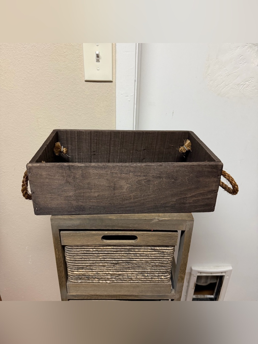 Rustic Dark Wood Storage Crate with Rope Handles